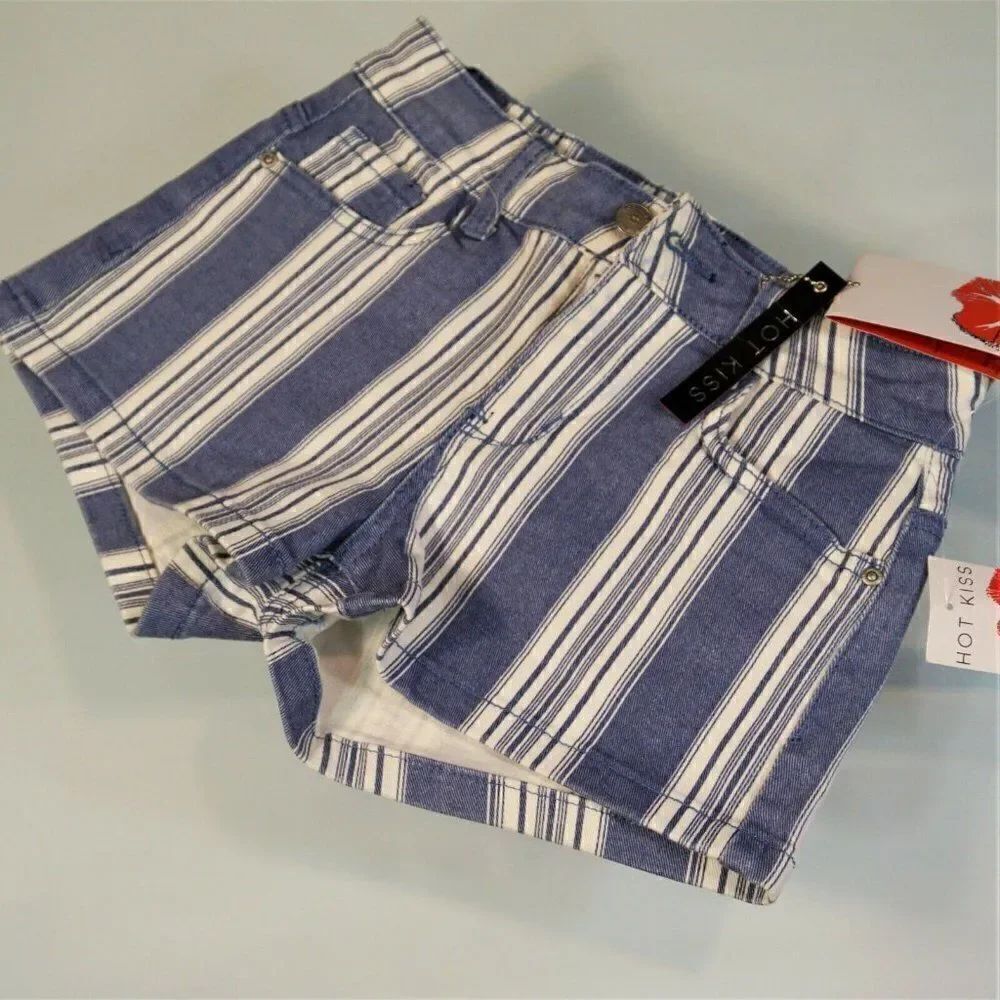 Hot Kiss Cici Shorts Womens Size 1 High Rise Blue Striped Stretch Denim